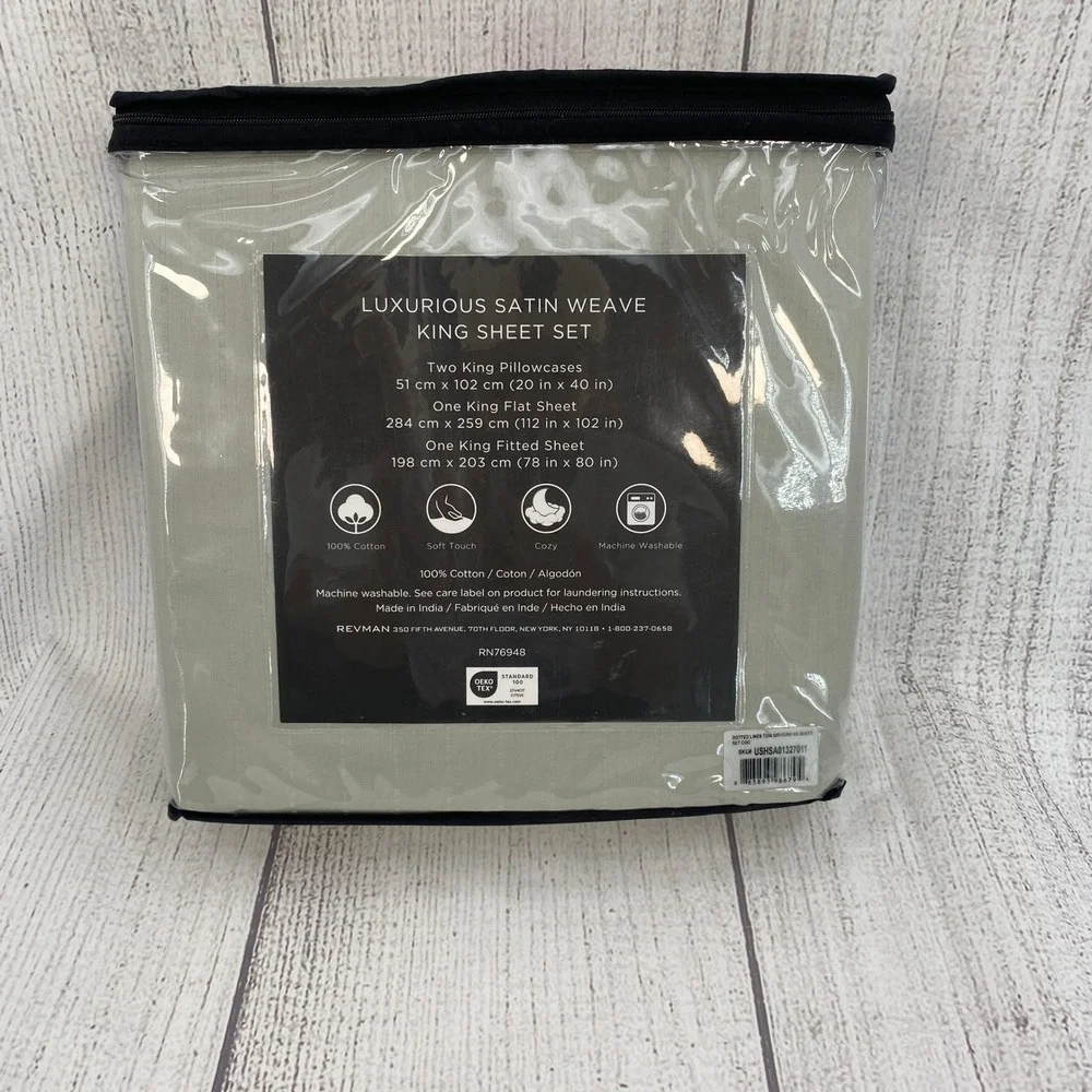 Vera Wang Sheet Set King Gray Luxury Sateen 100% Cotton Dotted Line Minimalist
